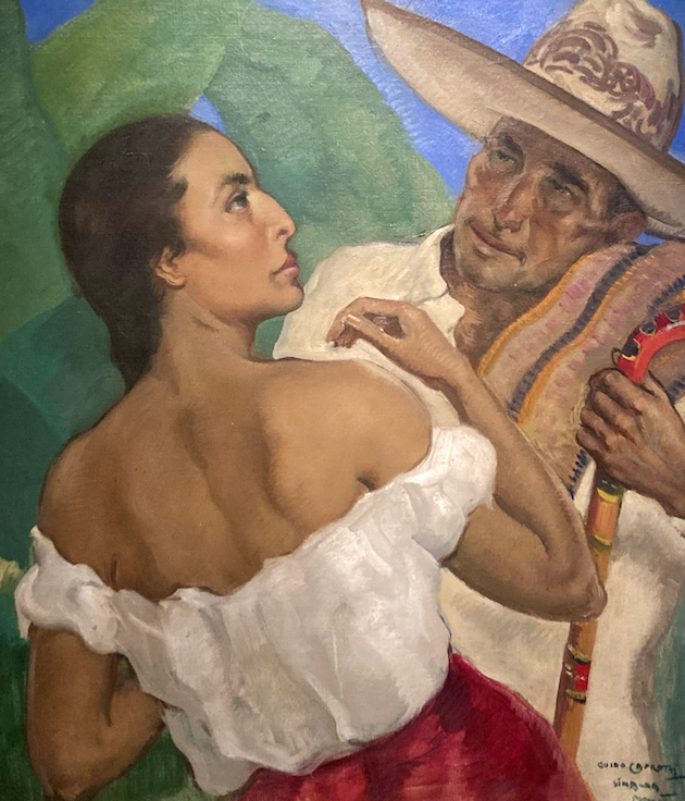 A woman in the foreground turns her back to the viewer and looks at the man directly behind her who is facing us. He wears a hat and holds a cane, gazing back at her. Behind them there are some plants and blue sky.