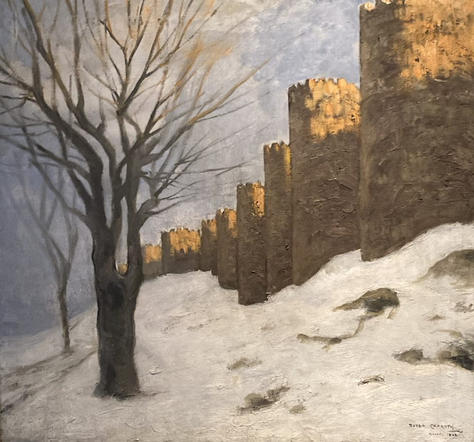 Painting of the outer walls of Ávila, the towers glowing in the sun, while the ground is covered in snow and some bare trees can be seen on the left.