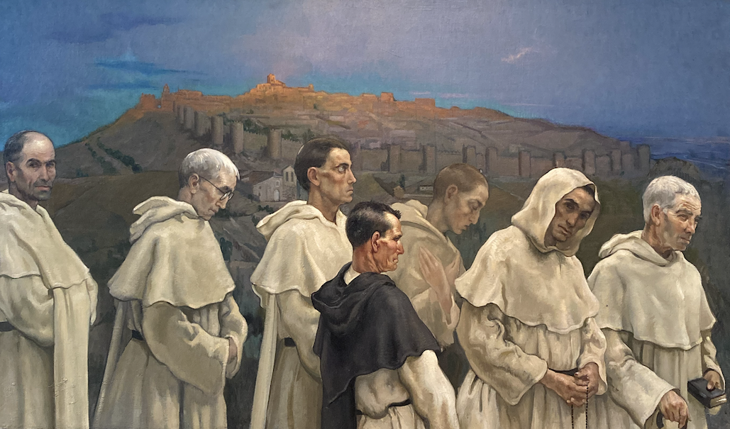 In the foreground a group of Dominican monks of different ages seem to stride forward and in the background the walled city of Ávila is seen atop of a hill, just hit by sunlight.