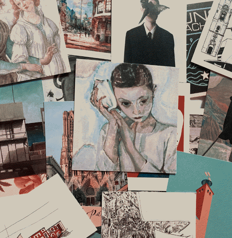 Dozens of postcards layered upon each other. On top and center is one of a painting in which a person holds a shell to their ear. Around there are bits of buildings, female figures, sketchings, a suited person with bird on their face.