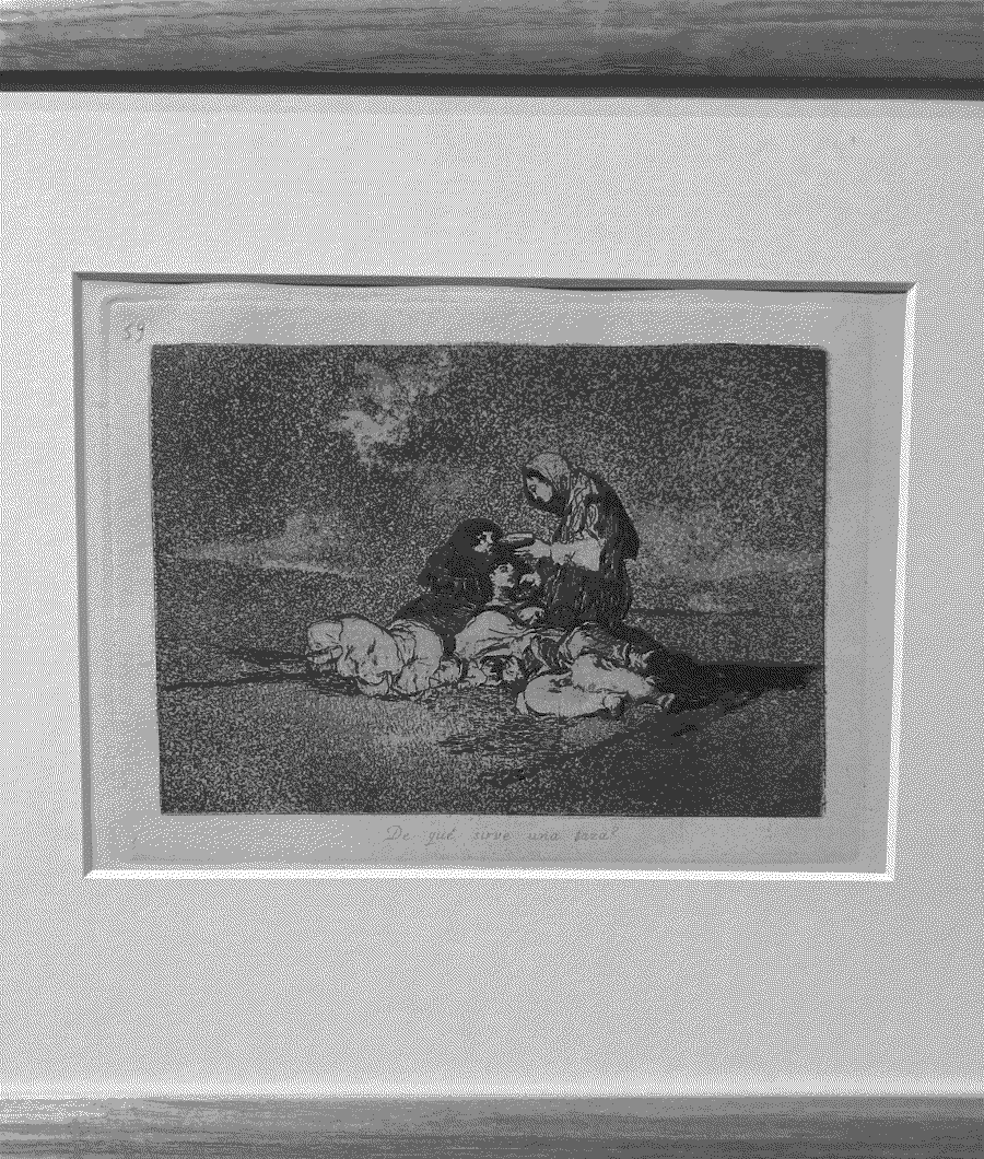 Two starving women lie on the ground, one near death while a third kneels by their side and offers a cup to the dying woman.