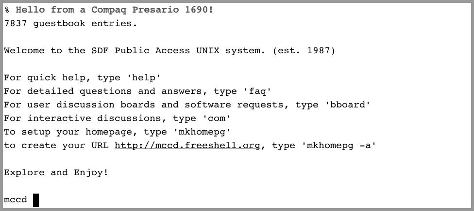 Terminal screen showing Welcome to SDF Public Access UNIX system