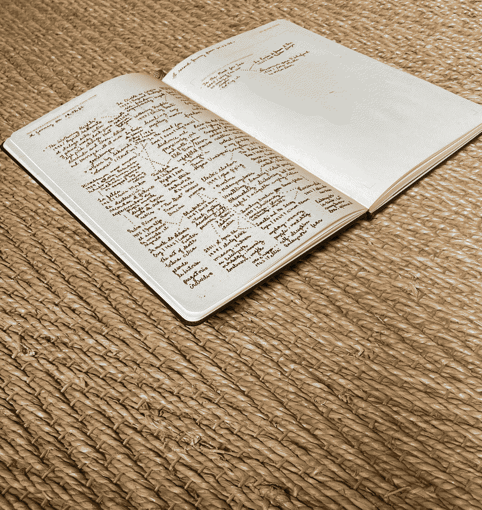 A notebook open to two pages with notes on a carpeted floor.