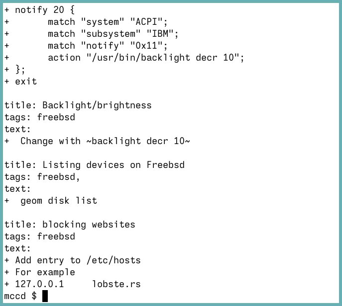 Three recfile rows shown on terminal: Backlight/brightness, Listing devices on Freebsd, blocking websites. Includes instruction