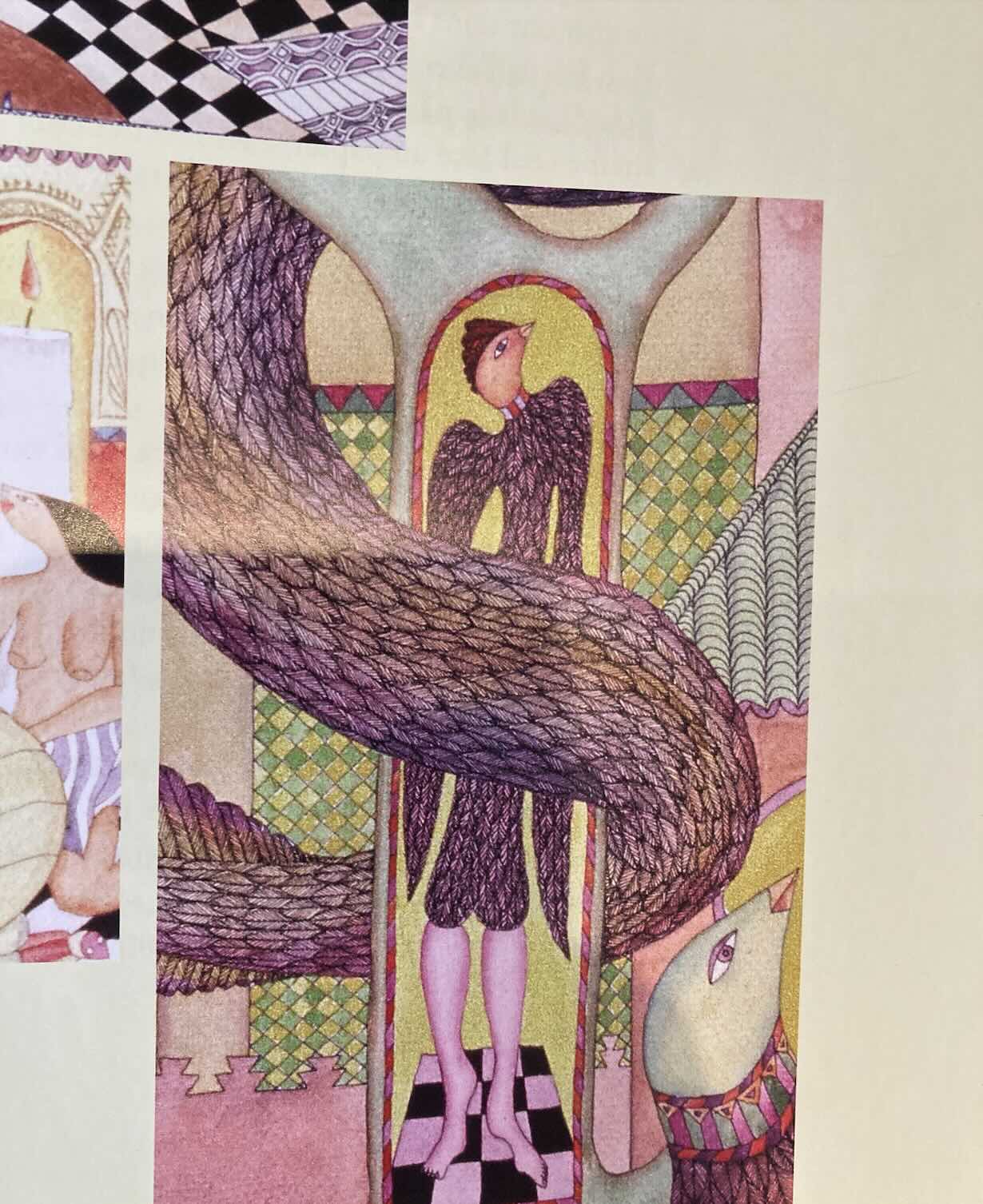 A colourful drawing of an elongated bird covered in feathers with human-like feet framed by the trunk of a tree and surrounded by geometric patterns and other feathered limbs and creatures.