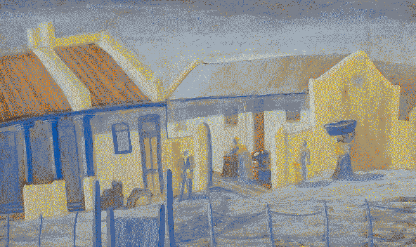 Dithered version of a painting of two yellow houses with blue accents and orange roofs. Four figures pass around and in between the houses, also painted in yellow and blue.